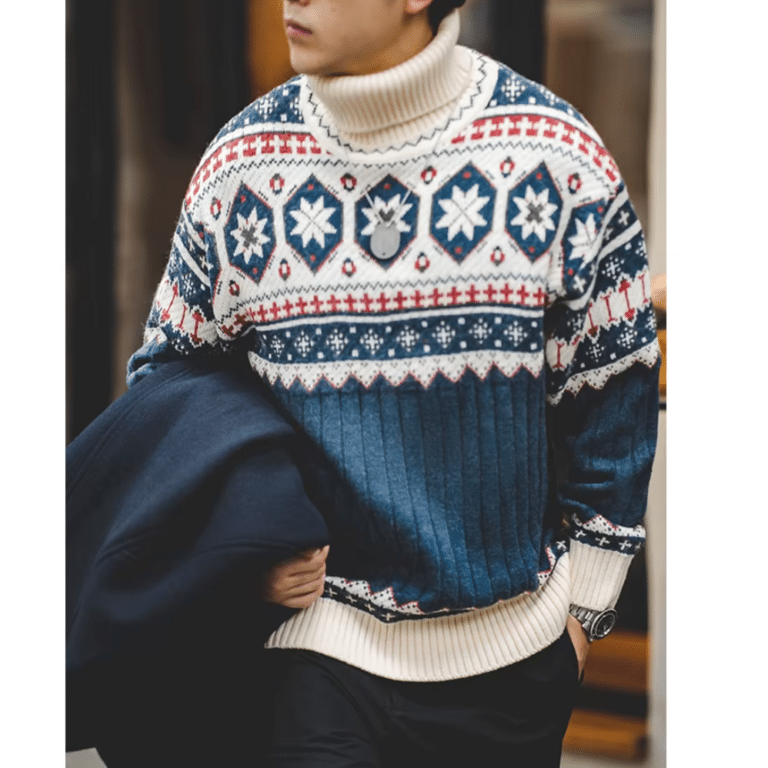 Pull de Noël homme col roulé motifs nordiques vintage (7)