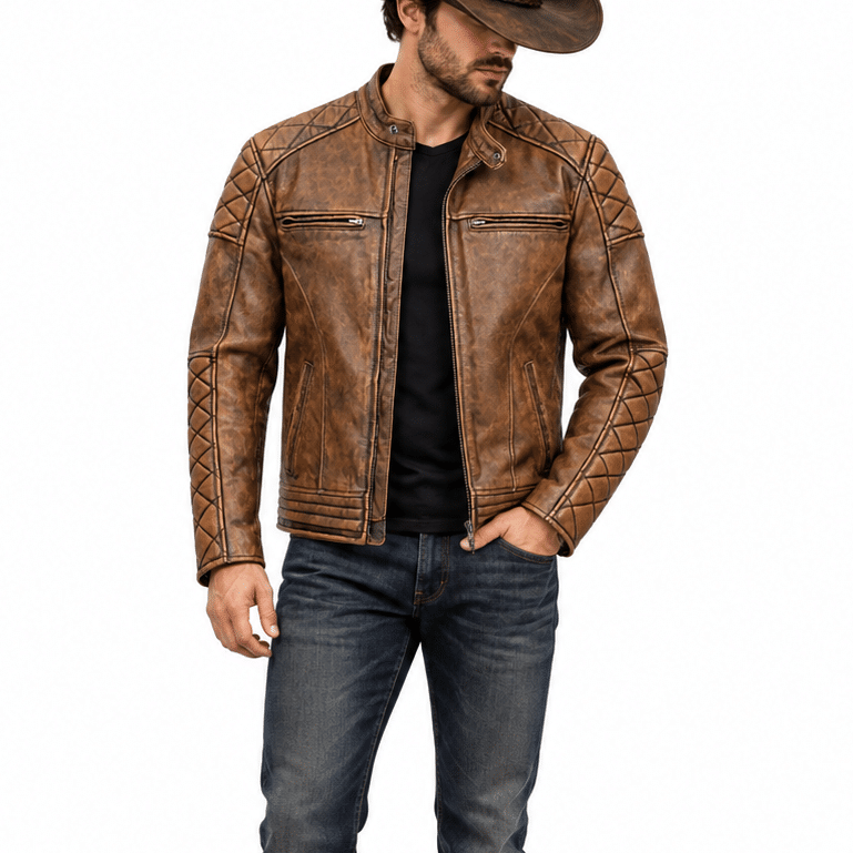 Veste biker homme cuir marron vintage (2)