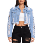 Veste en jean femme courte bleu clair déchirée (1)