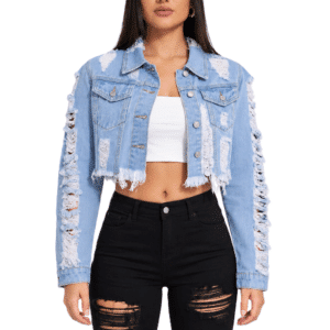 Veste en jean femme courte bleu clair déchirée