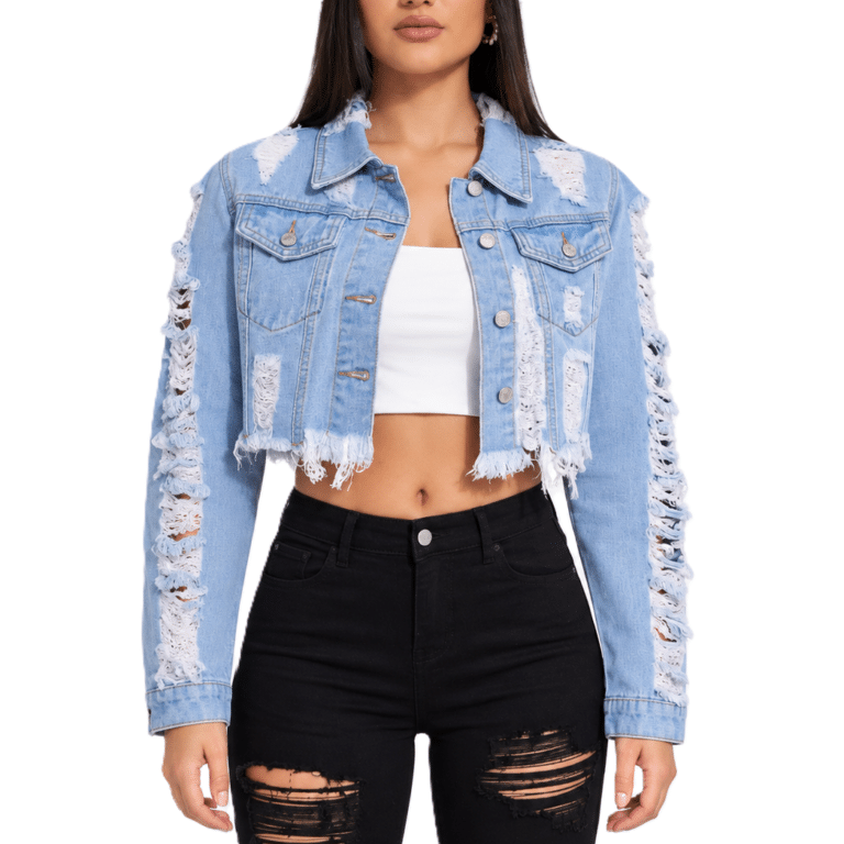 Veste en jean femme courte bleu clair déchirée (1)
