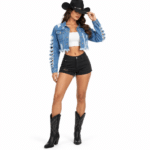 Veste en jean femme courte bleu clair déchirée (2)