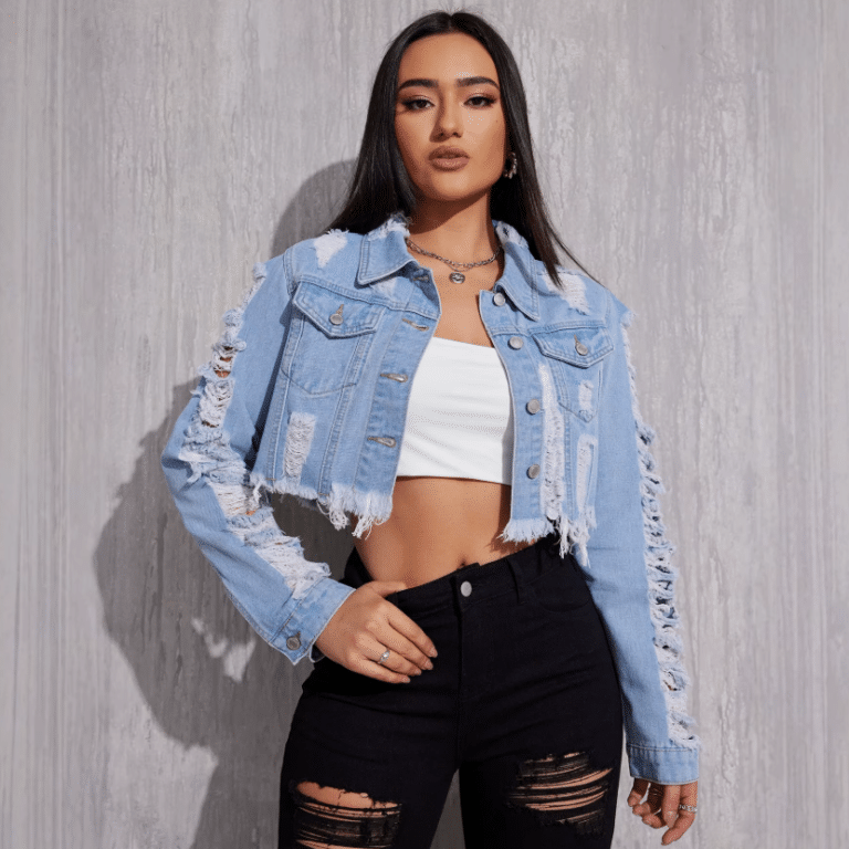 Veste en jean femme courte bleu clair déchirée (3)