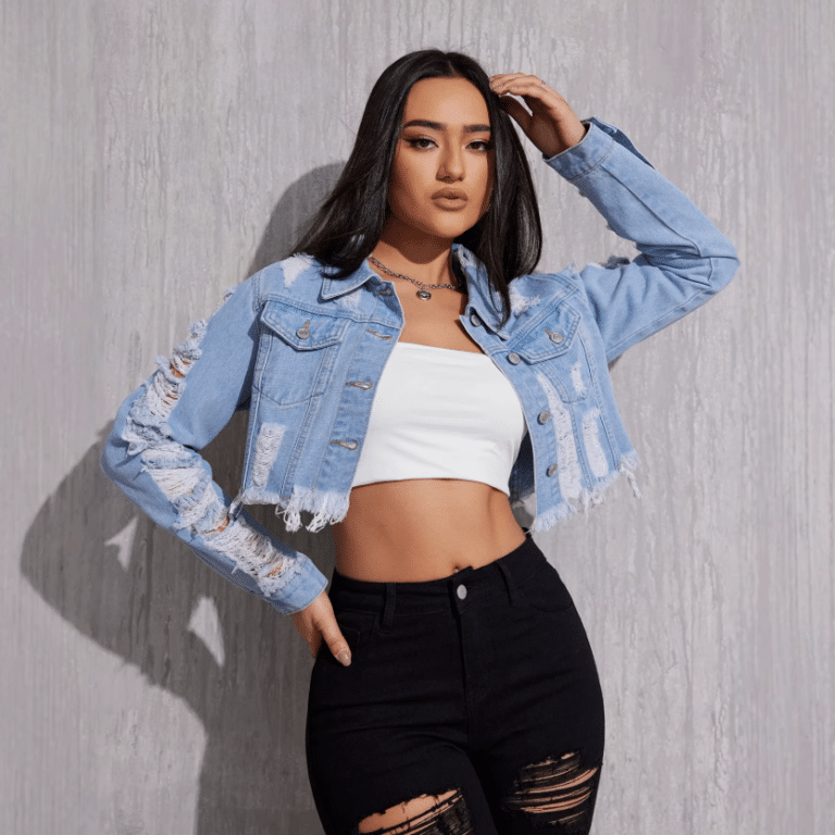 Veste en jean femme courte bleu clair déchirée (4)