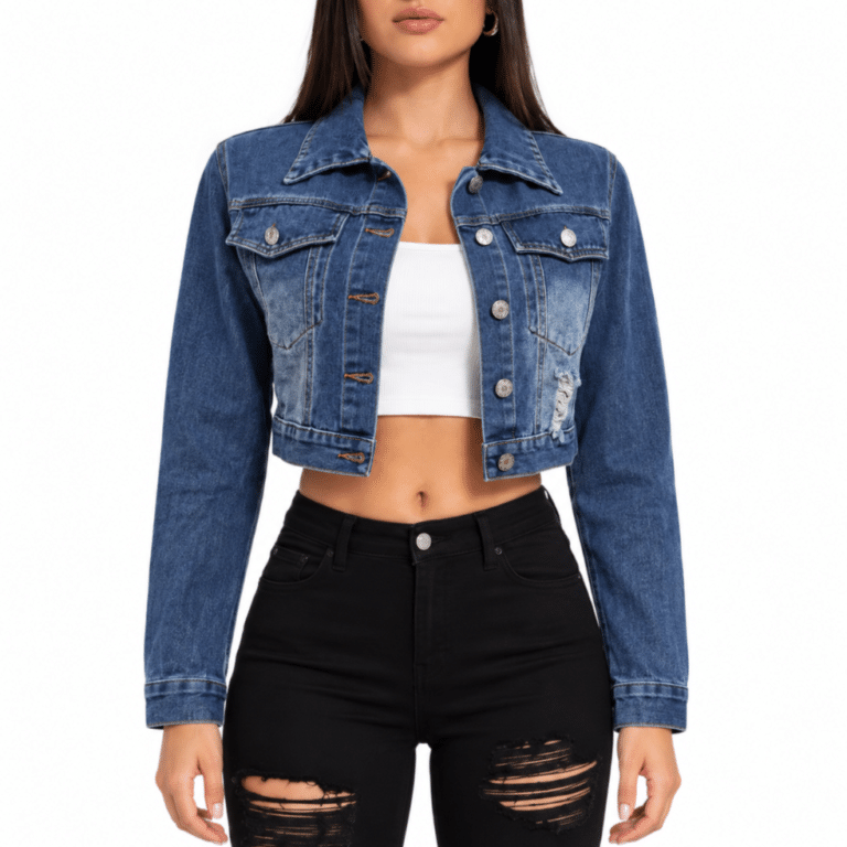 Veste femme country courte bleu motif papillon (1)