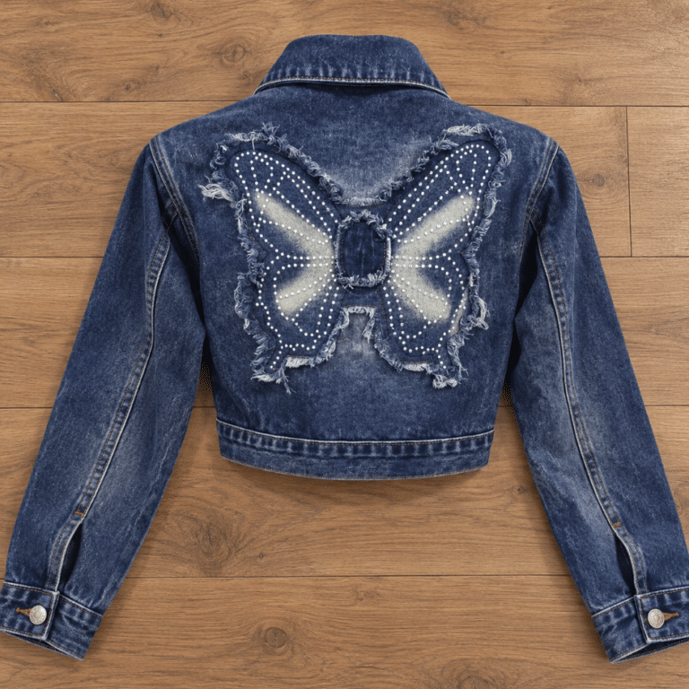 Veste femme country courte bleu motif papillon (2)