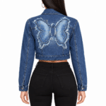 Veste femme country courte bleu motif papillon (3)