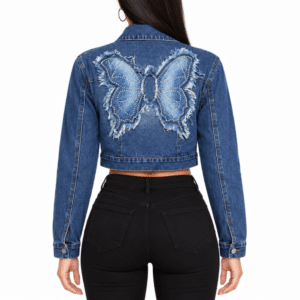 Veste femme country courte bleu motif papillon
