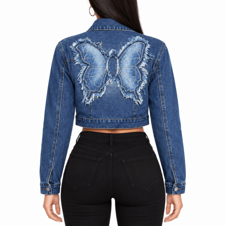 Veste femme country courte bleu motif papillon (3)