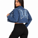 Veste femme country courte bleu motif papillon (4)