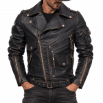 Veste homme en simili cuir noir style motard vintage (1)