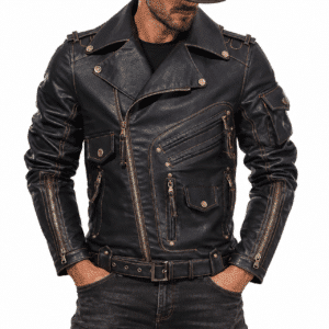 Veste homme en simili cuir noir style motard vintage