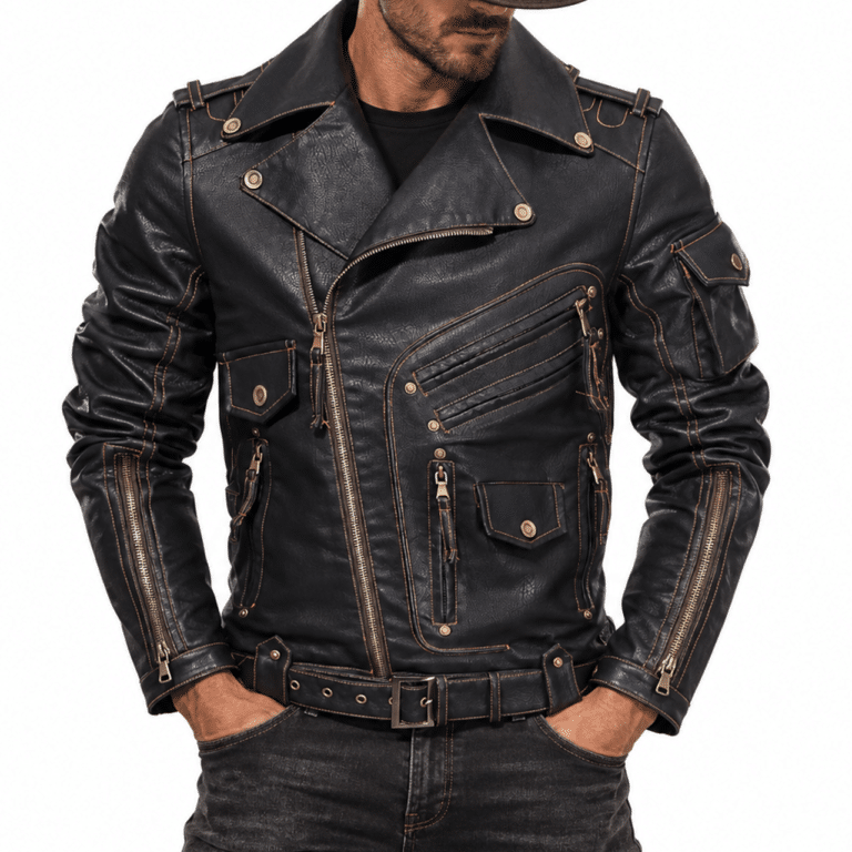 Veste homme en simili cuir noir style motard vintage (1)