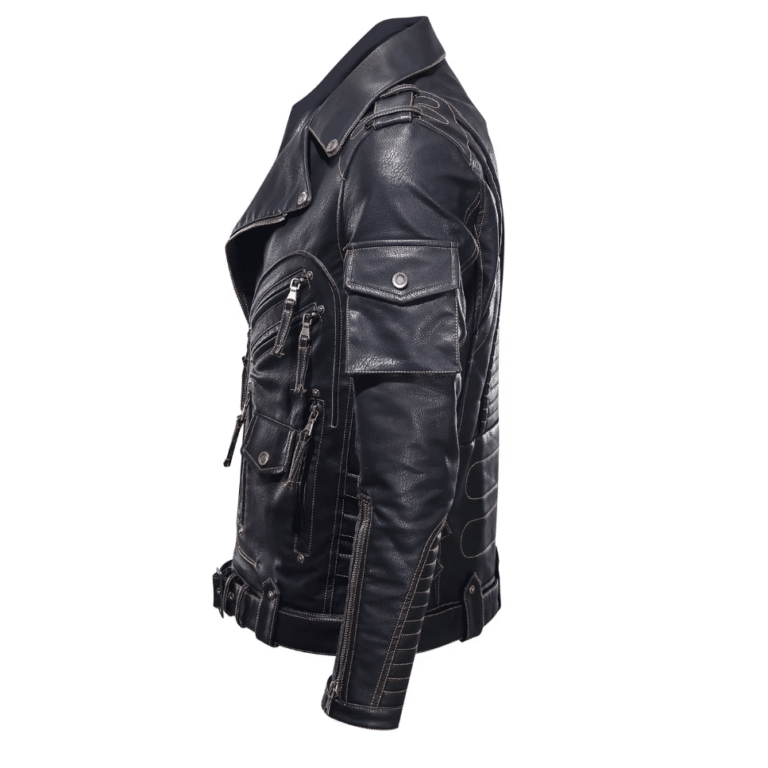 Veste homme en simili cuir noir style motard vintage (7)