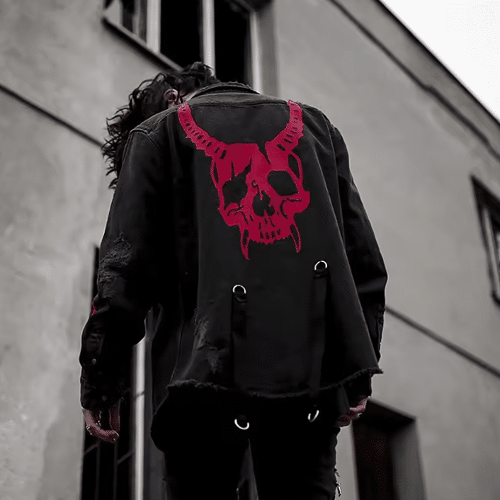 Veste jean noir skull rouge (2)
