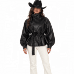 Veste oversize femme noire effet cuir à ceinture (1)