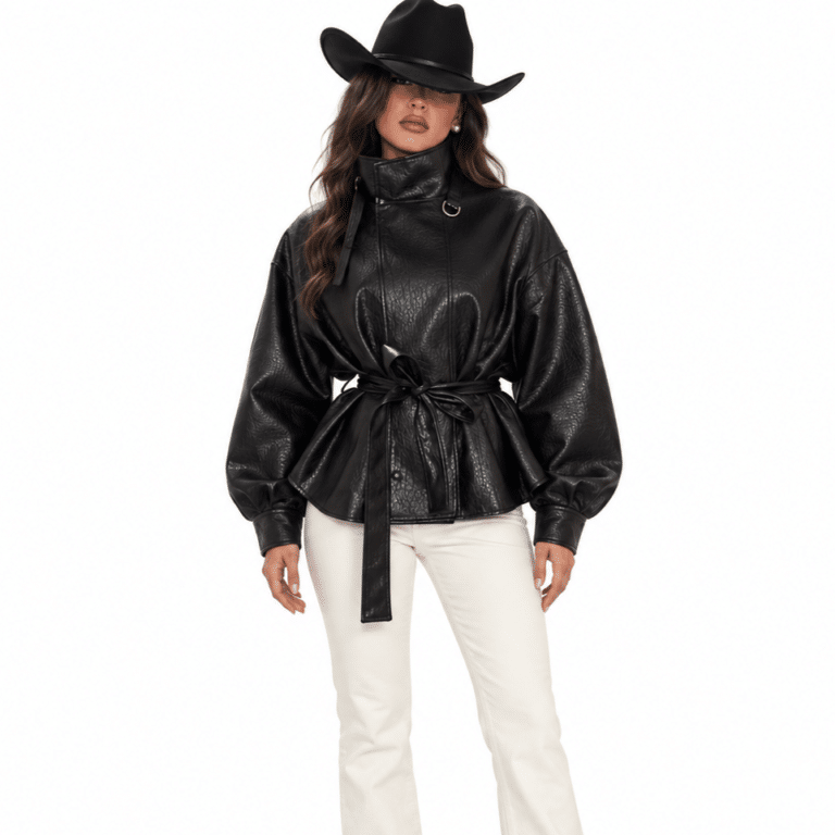 Veste oversize femme noire effet cuir à ceinture (1)