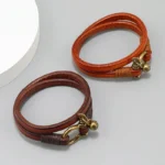 Bracelet cuir fermoir manille doré