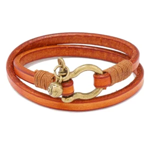 Bracelet cuir fermoir manille doré - Cognac