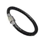 Bracelet cuir noir tressé fermoir métallique cylindrique