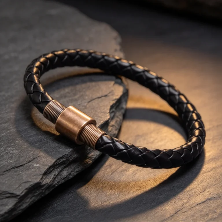 Bracelet cuir noir tressé fermoir métallique cylindrique
