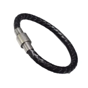 Bracelet cuir noir tressé fermoir métallique cylindrique