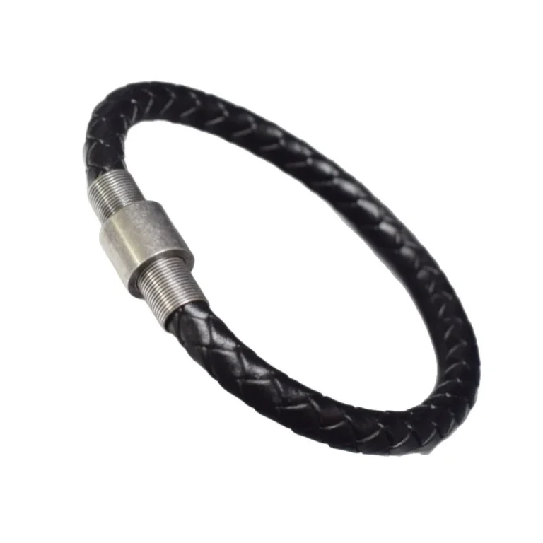 Bracelet cuir noir tressé fermoir métallique cylindrique