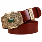 Ceinture cowboy cuir boucle laiton vintage - Brun rouge – passant doré motif plume