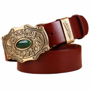 Ceinture cowboy cuir boucle laiton vintage - Brun rouge – passant doré motif plume