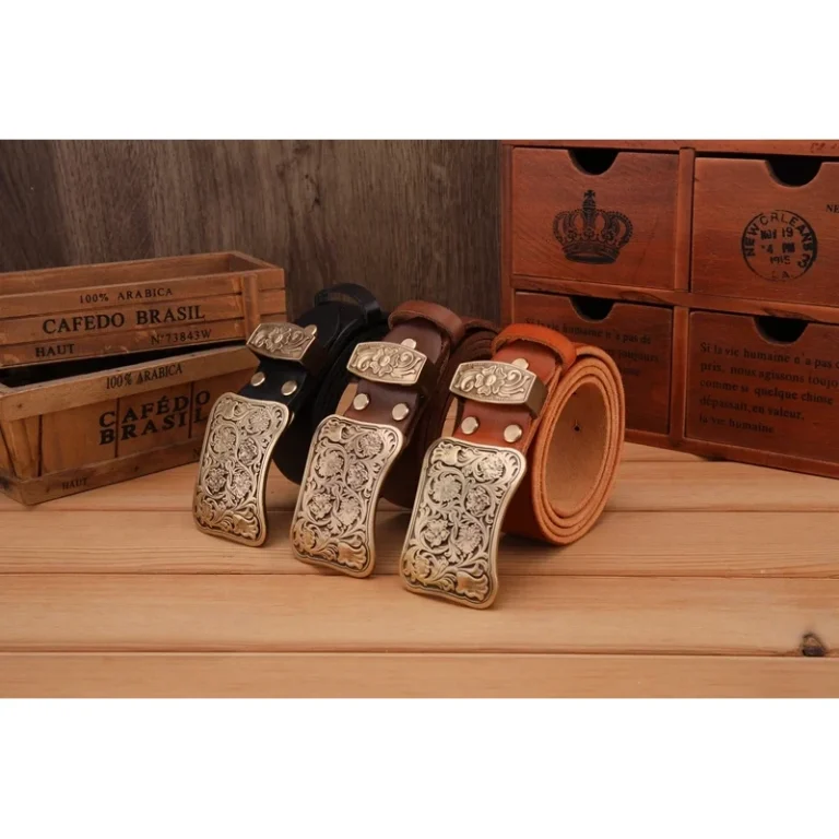 Ceinture cowboy cuir pleine fleur grosse boucle laiton