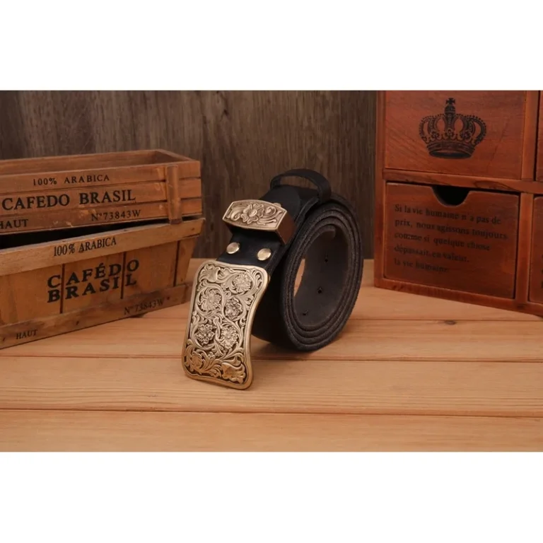 Ceinture cowboy cuir pleine fleur grosse boucle laiton