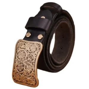 Ceinture cowboy cuir pleine fleur grosse boucle laiton
