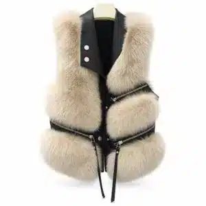 Gilet femme sans manches fourrure vegan zippés - S Beige noir