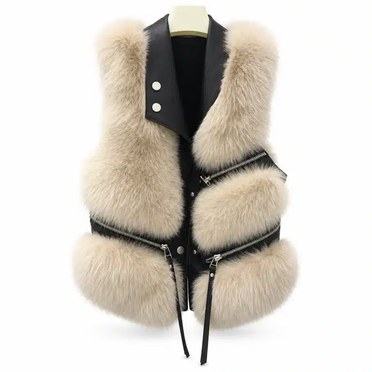 Gilet femme sans manches fourrure vegan zippés - S Beige noir
