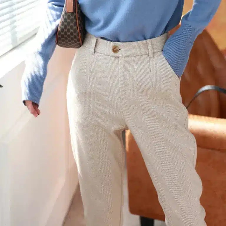 Pantalon femme marron à chevrons taille haute style western - Abricot