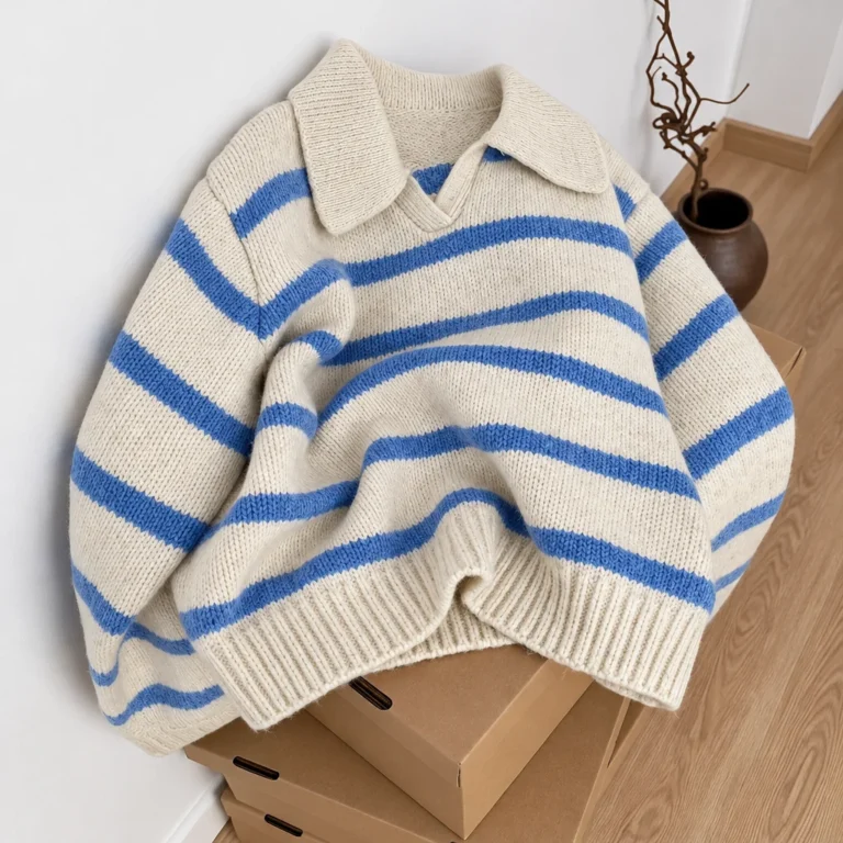 Pull femme vintage blanc à rayures bleues
