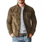 Veste cowboy marron effet daim col montant et poches poitrine - Marron