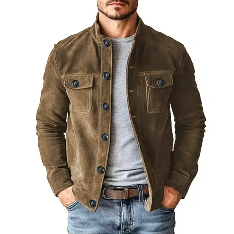 Veste cowboy marron effet daim col montant et poches poitrine - Marron
