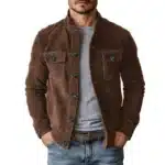 Veste cowboy marron effet daim col montant et poches poitrine - Café