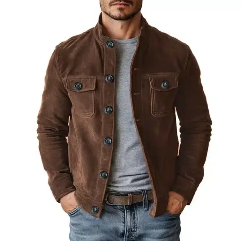 Veste cowboy marron effet daim col montant et poches poitrine - Café