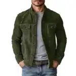 Veste cowboy marron effet daim col montant et poches poitrine - Vert kaki