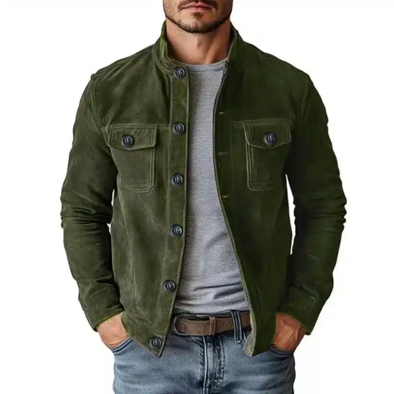 Veste cowboy marron effet daim col montant et poches poitrine - Vert kaki