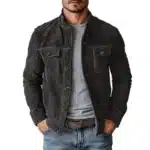 Veste cowboy marron effet daim col montant et poches poitrine - Noir