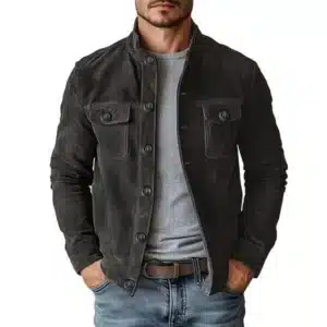Veste cowboy marron effet daim col montant et poches poitrine - Noir