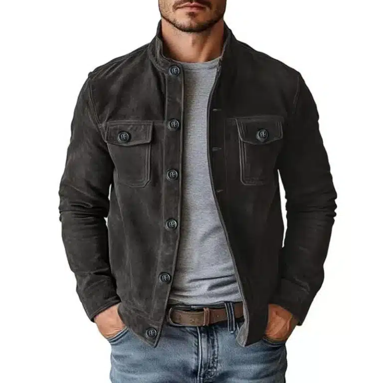 Veste cowboy marron effet daim col montant et poches poitrine - Noir